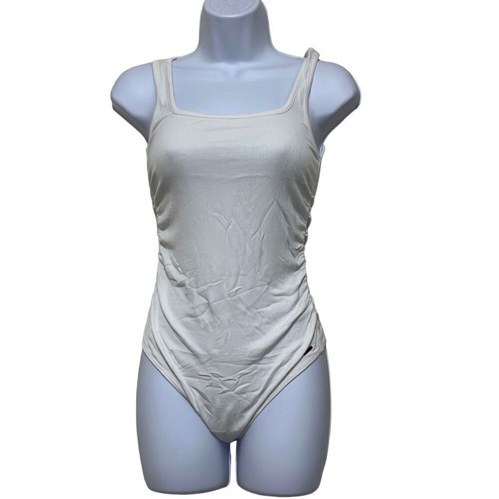Revolve nPhilanthropy White Ribbed Prince Tank Thong Bodysuit Ruched Side XS NWT